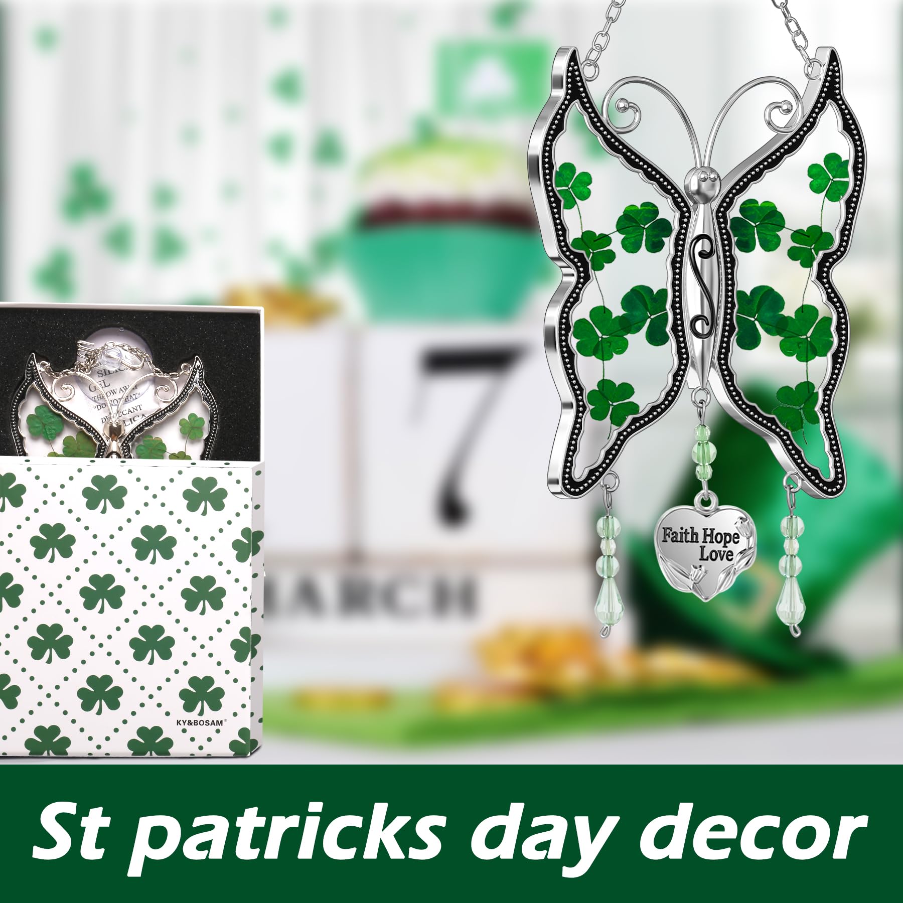KY&BOSAM Shamrock Butterfly Suncatcher green gift box ready for gifting