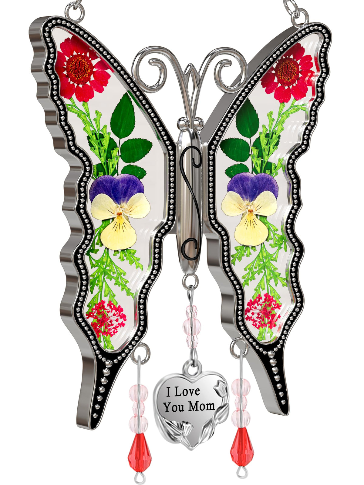 KY&BOSAM butterfly suncatcher window display with real dried flowers catching sunlight.