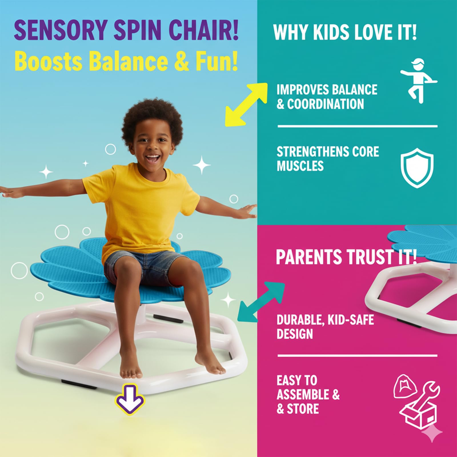 KYZDZQ chair with anti-slip base supports active kids during spins.