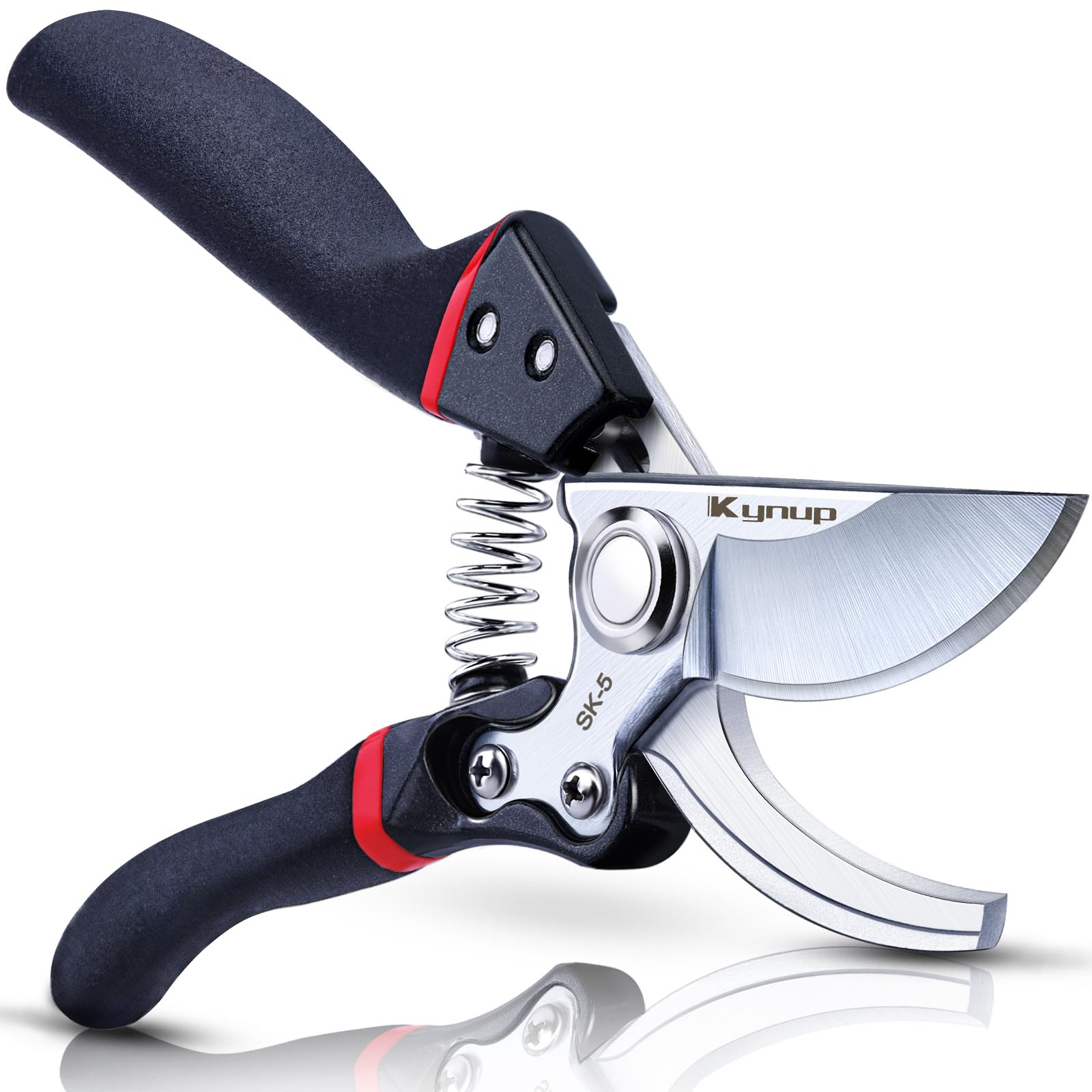 Kynup pruning shears blades close-up showing sharp durable SK-5 steel for precise cuts.