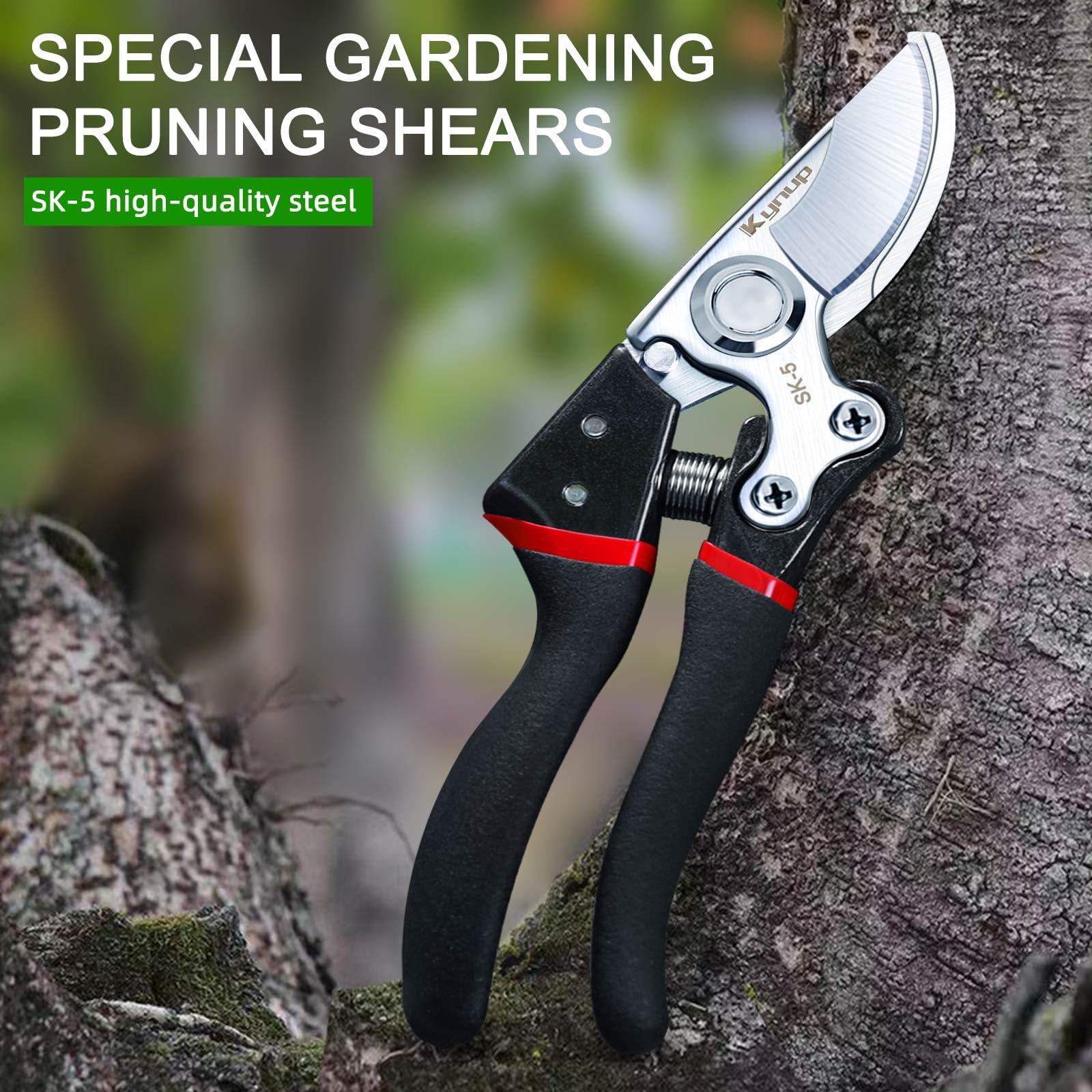 Kynup pruning shears red and black design highlights durable, comfortable construction.