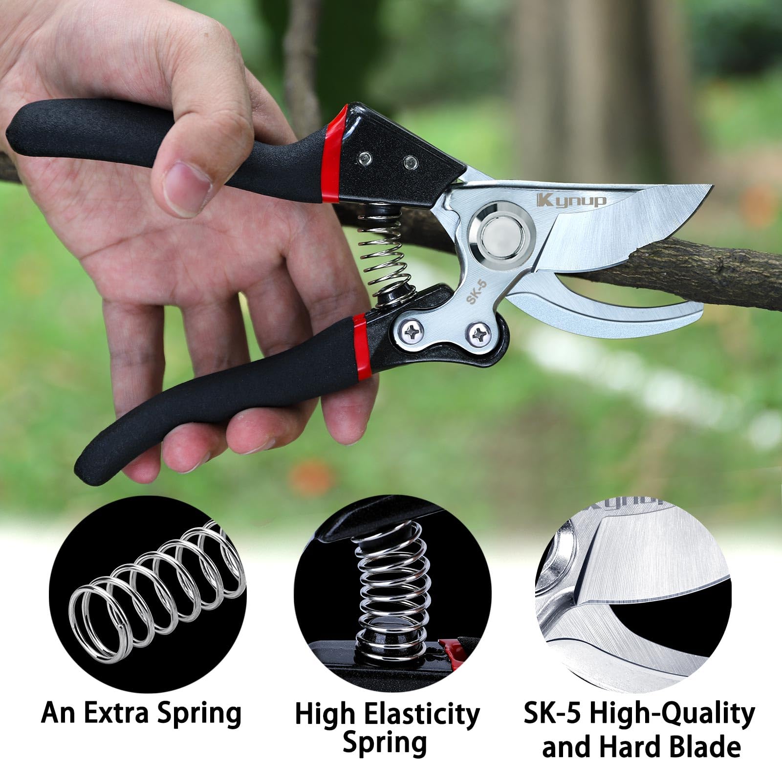 Kynup pruning shears lock mechanism enabling safe one-handed use.