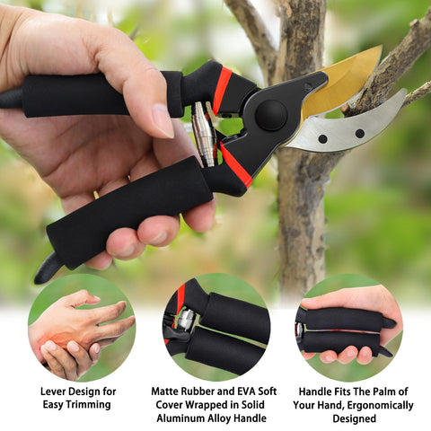 Kynup pruning shears highlighting safety lock and one-handed use.