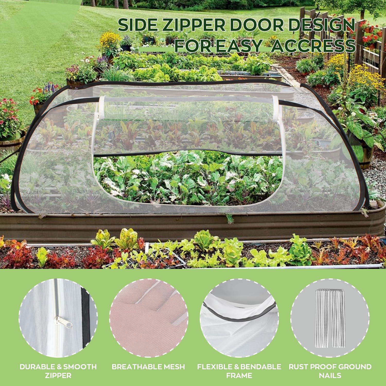 Kyrgeu pest-protection cover shown with ground stakes for stable placement