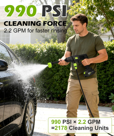Kytree 990 PSI jet stream powering deep cleaning on vehicles.