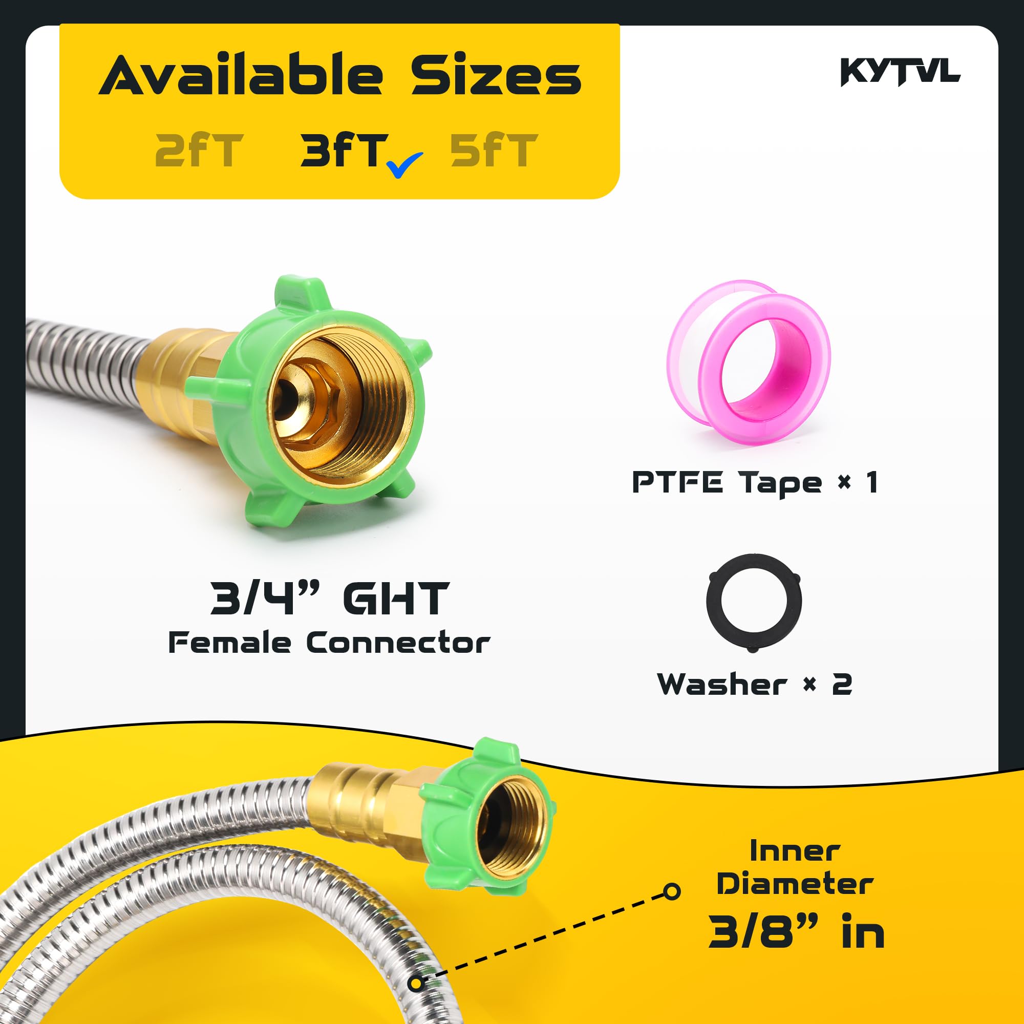 Kytvl flexible kink-free metal hose on reel enables smooth water flow around corners.