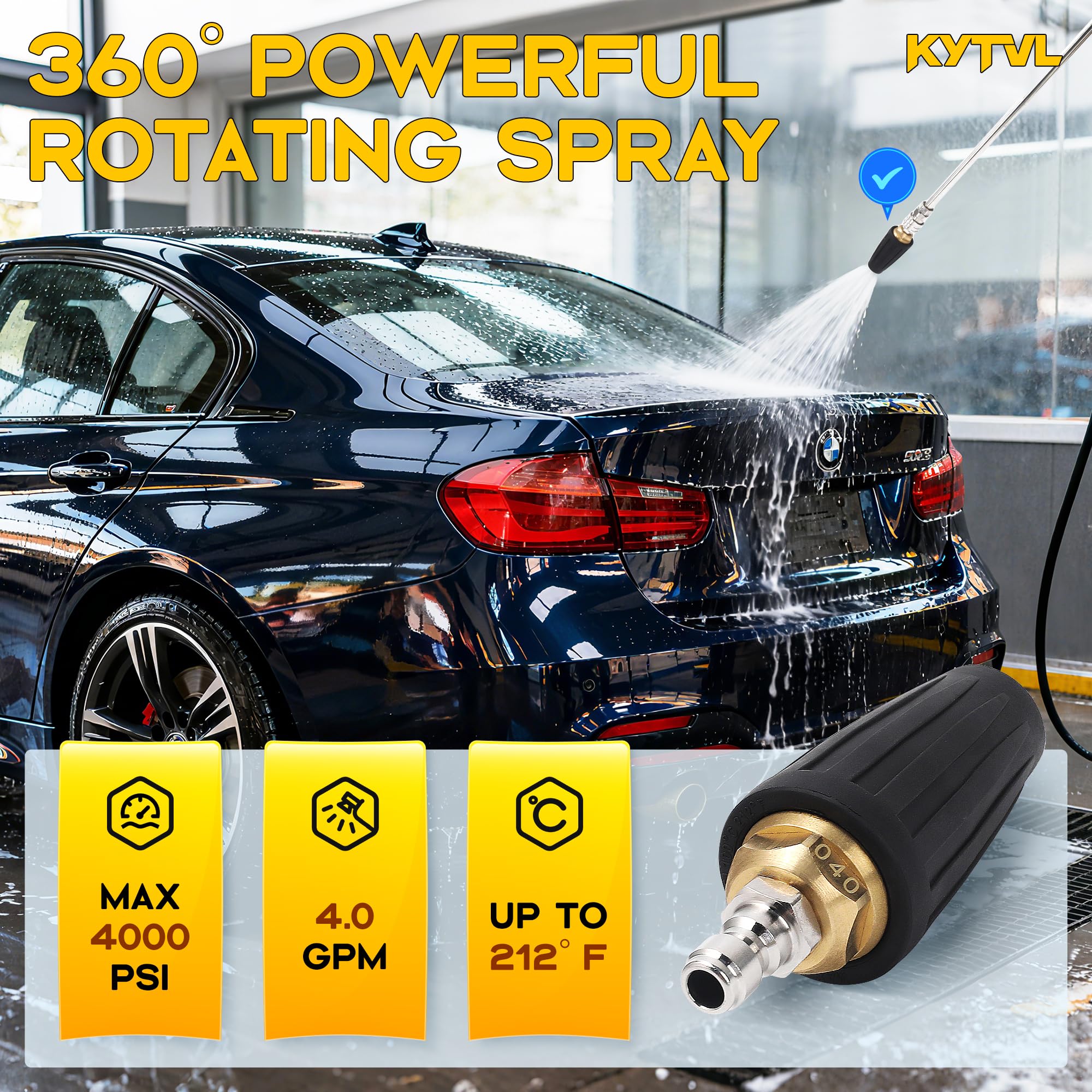 Kytvl turbo nozzle rotation spray illustrating rotating action for efficient cleaning.