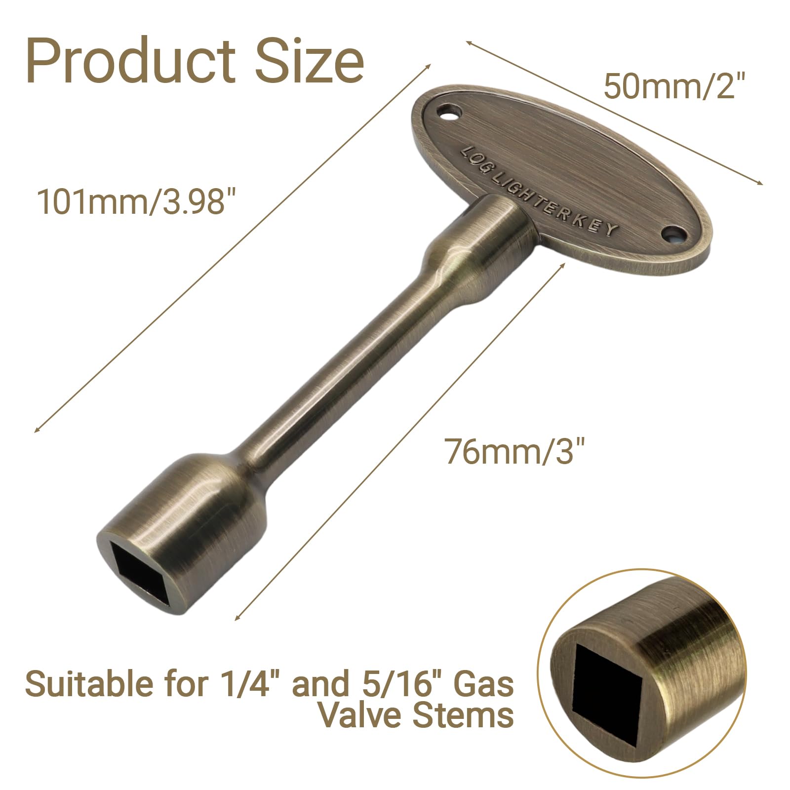 Kyuionty universal-fit gas valve key showing compatibility with quarter and sixteenth inch stems