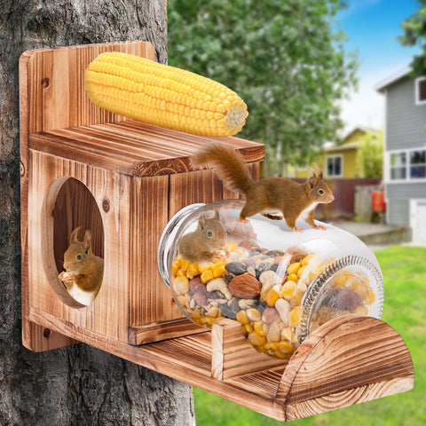 Kyuuhiku Squirrel Feeder in durable wooden outdoor design for longevity.
