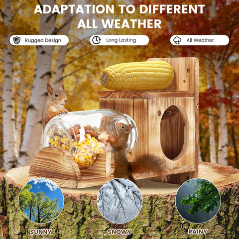 Kyuuhiku Squirrel Feeder showcases weather-resistant wood finish.