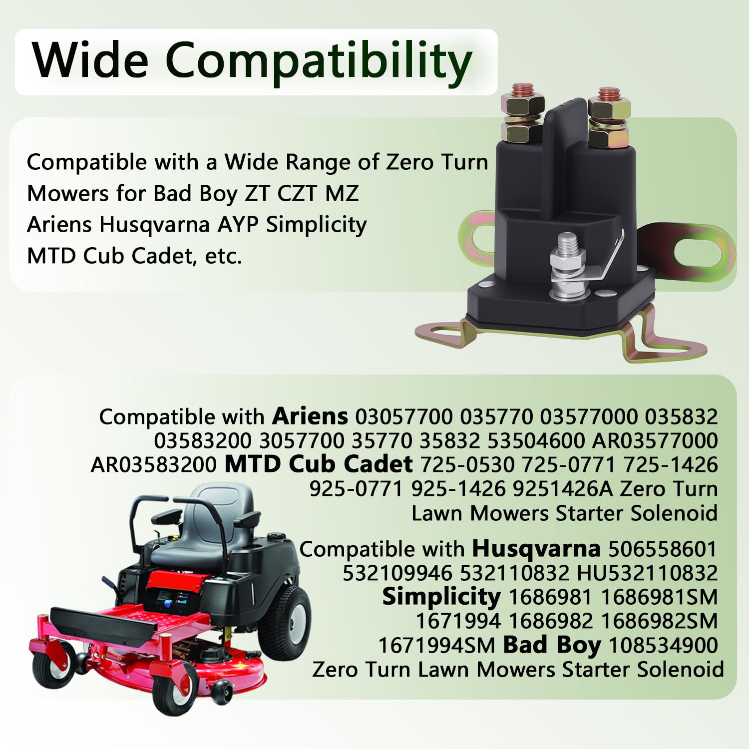 KZDAZ starter solenoid compatibility overview for popular zero-turn mowers.