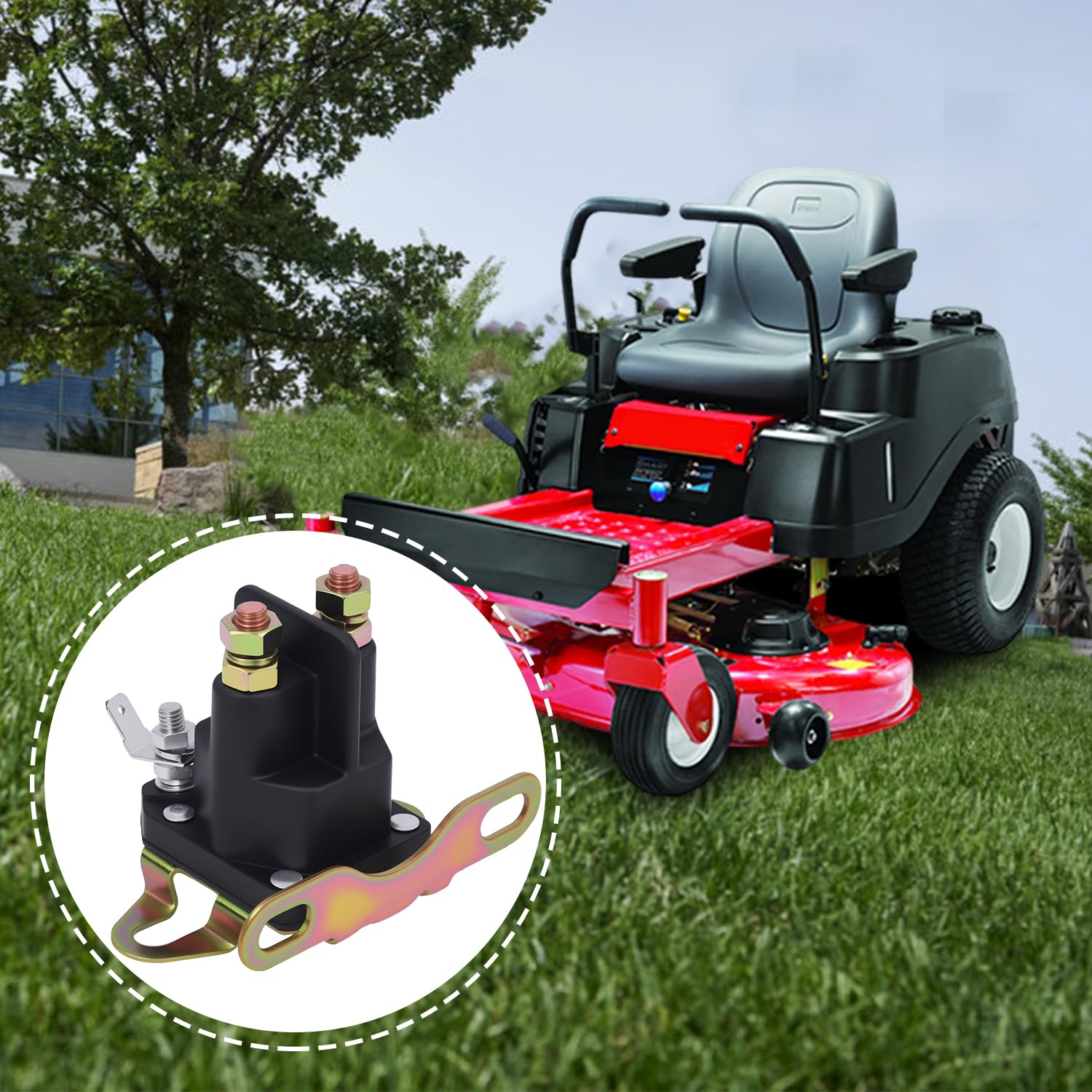 KZDAZ solenoid mounted on a zero-turn mower demonstrates real-world fit.