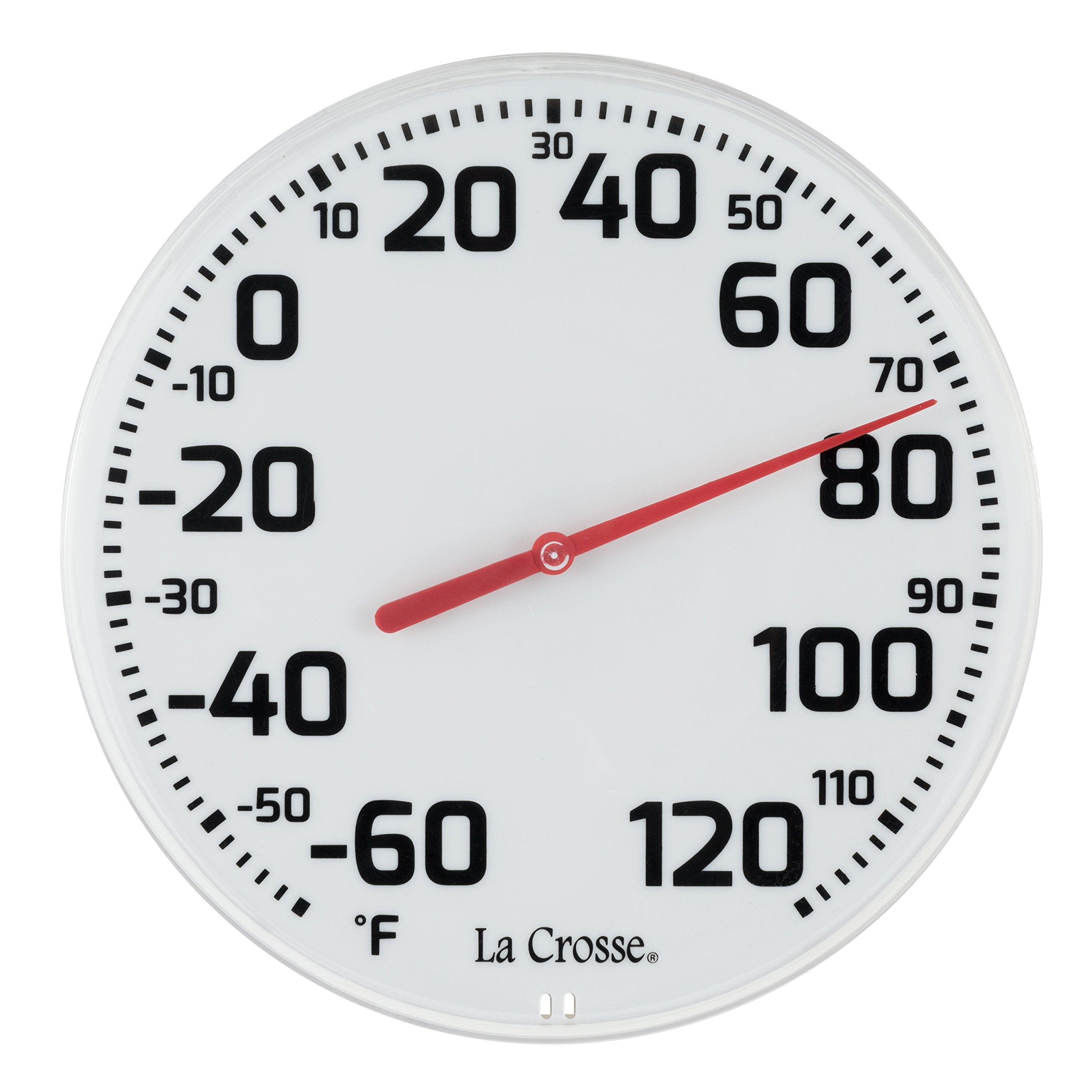 La Crosse 104-1522 eight-inch round white dial thermometer for indoor and outdoor use.