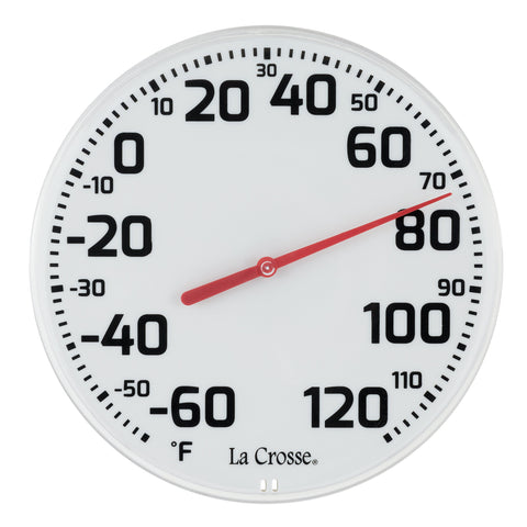 La Crosse 104-1522 eight-inch round white dial thermometer for indoor and outdoor use.
