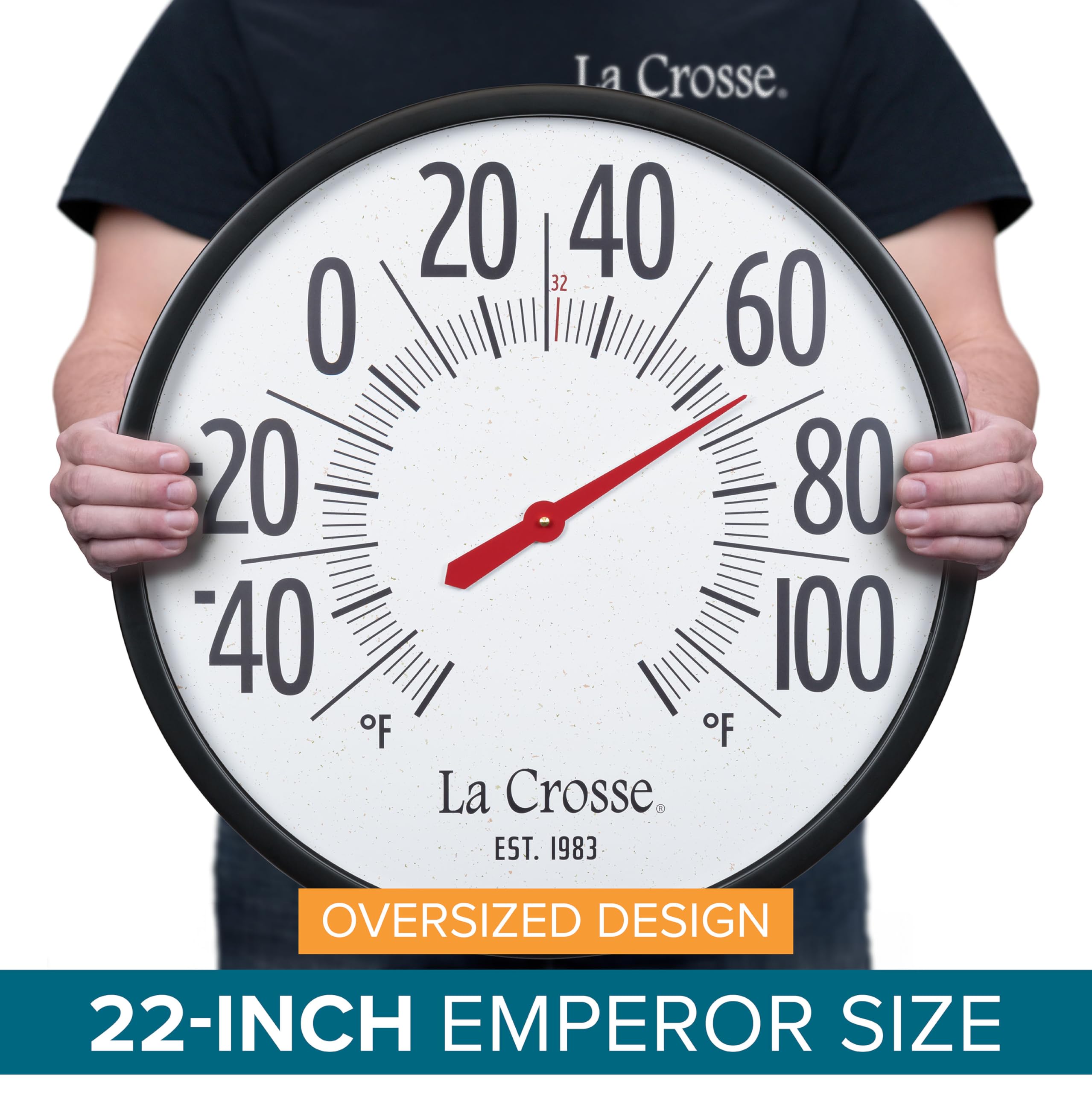 La Crosse Emperor 22-inch dial close-up showing UV-protected lens for sun durability.