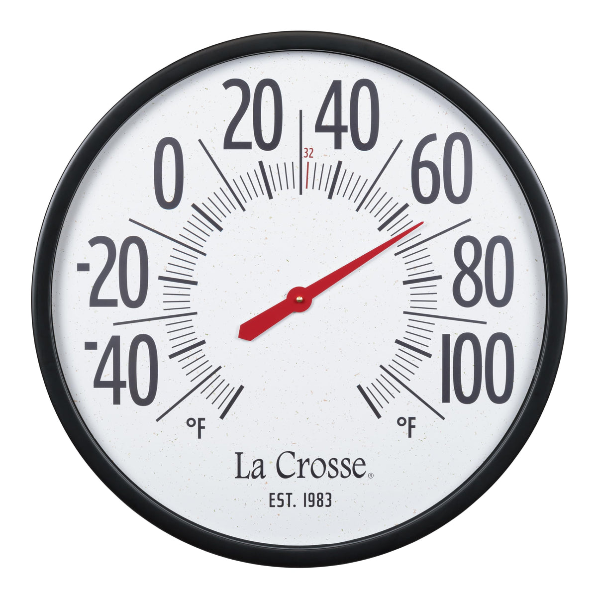 La Crosse Emperor 22-inch thermometer front view with large numbers for easy outdoor readings.