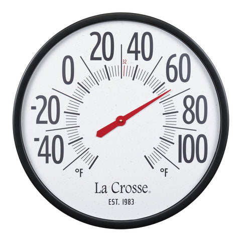 La Crosse Emperor 22-inch thermometer front view with large numbers for easy outdoor readings.