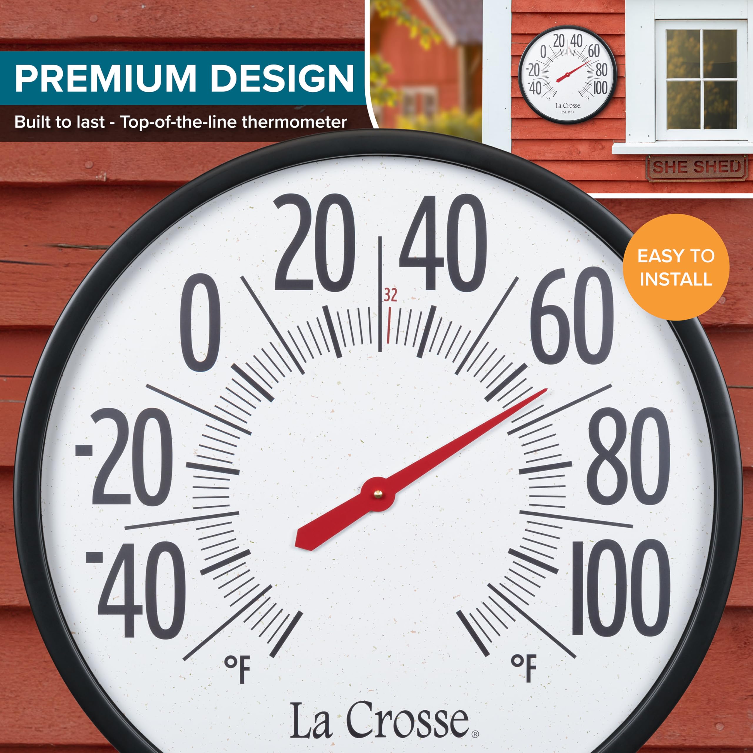 La Crosse Emperor 22-inch thermometer ready-to-use design requires no batteries.