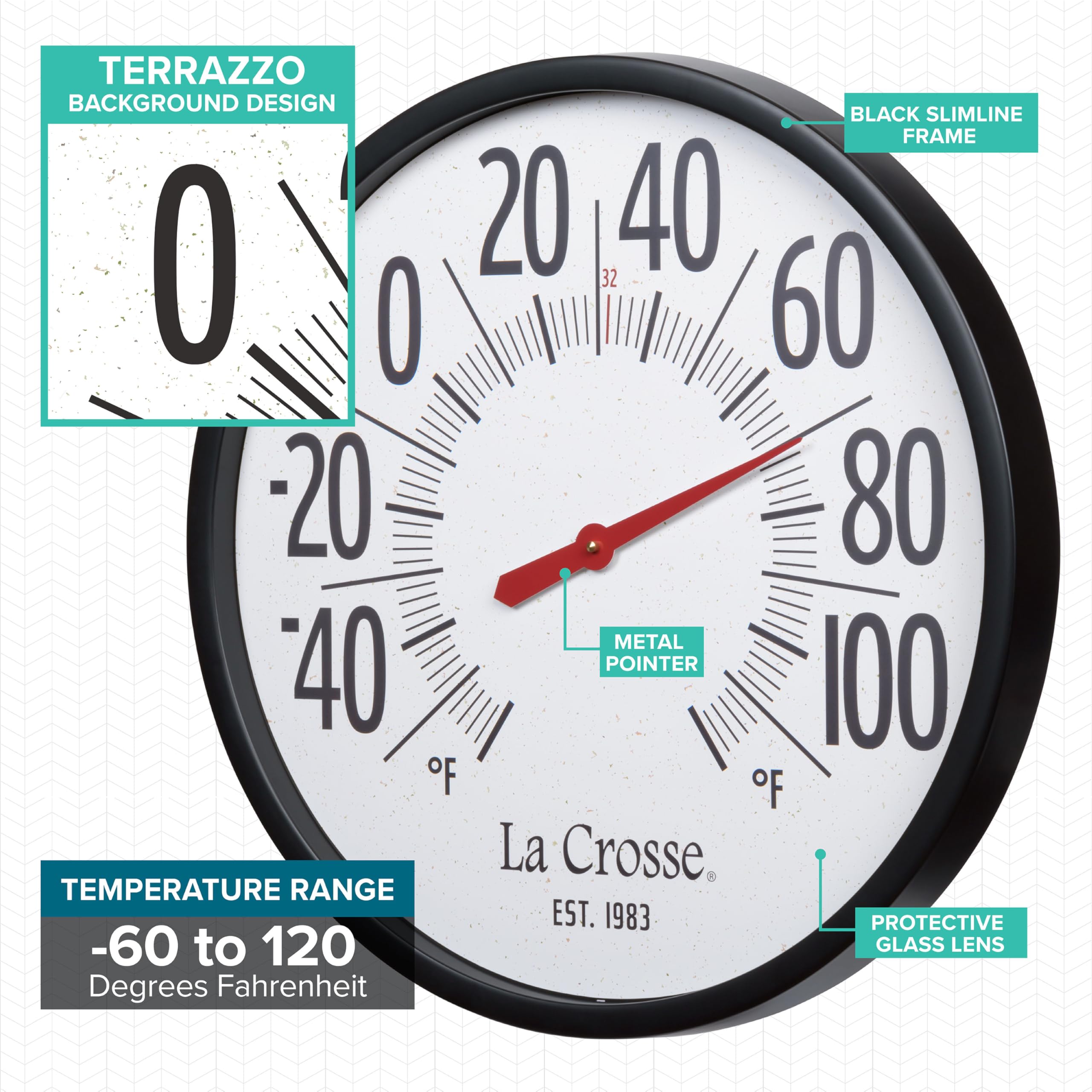 La Crosse Emperor 22-inch analog display with large numerals aids quick checks.