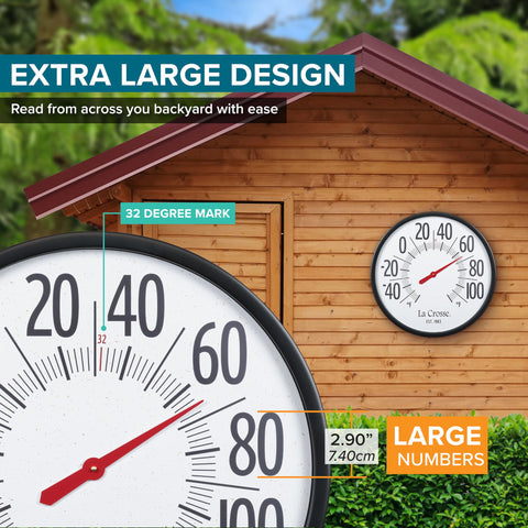 La Crosse Emperor 22-inch thermometer side view highlighting rugged exterior for all weather.
