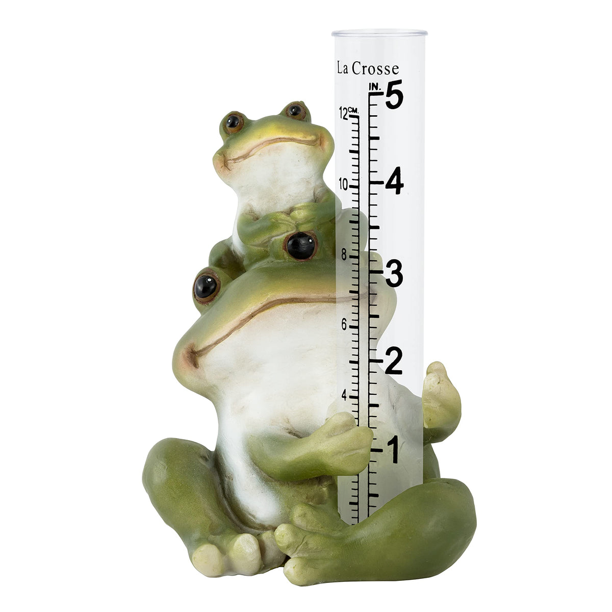 La Crosse frog rain gauge polyresin figurine measures rainfall in the garden.