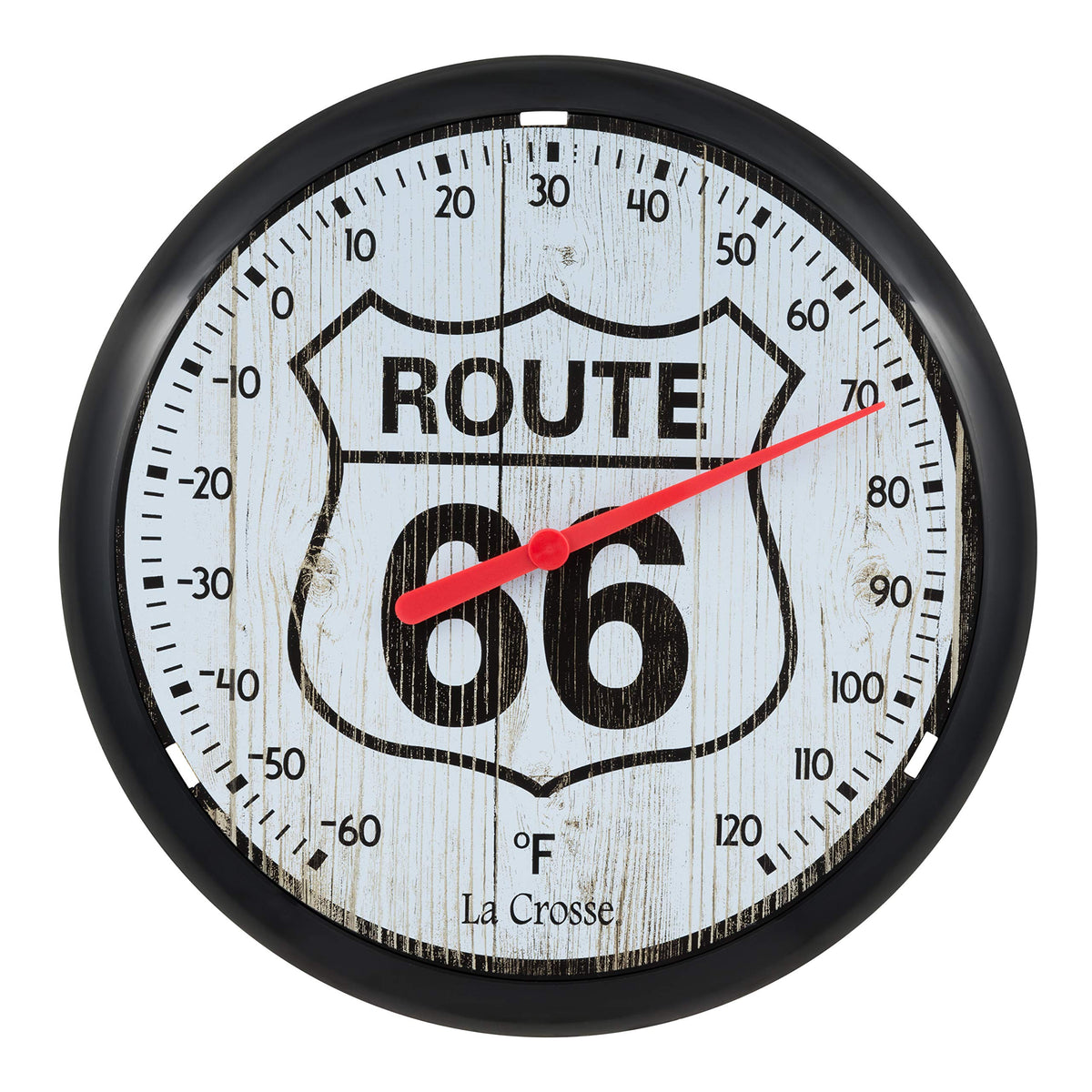 La Crosse Route 66 thermometer front view showing durable, battery-free outdoor temperature readings.