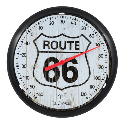 La Crosse Route 66 thermometer front view showing durable, battery-free outdoor temperature readings.