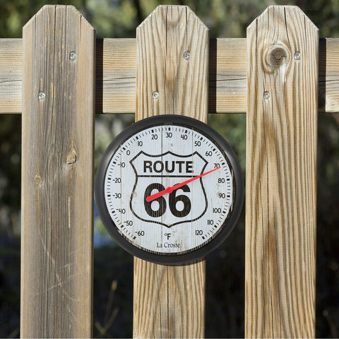 La Crosse Route 66 thermometer in shade for accurate readings in all seasons.