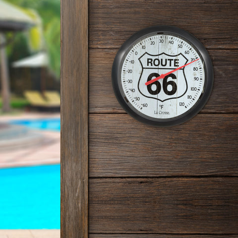 La Crosse Route 66 mounted on a wall shows simple, battery-free installation.