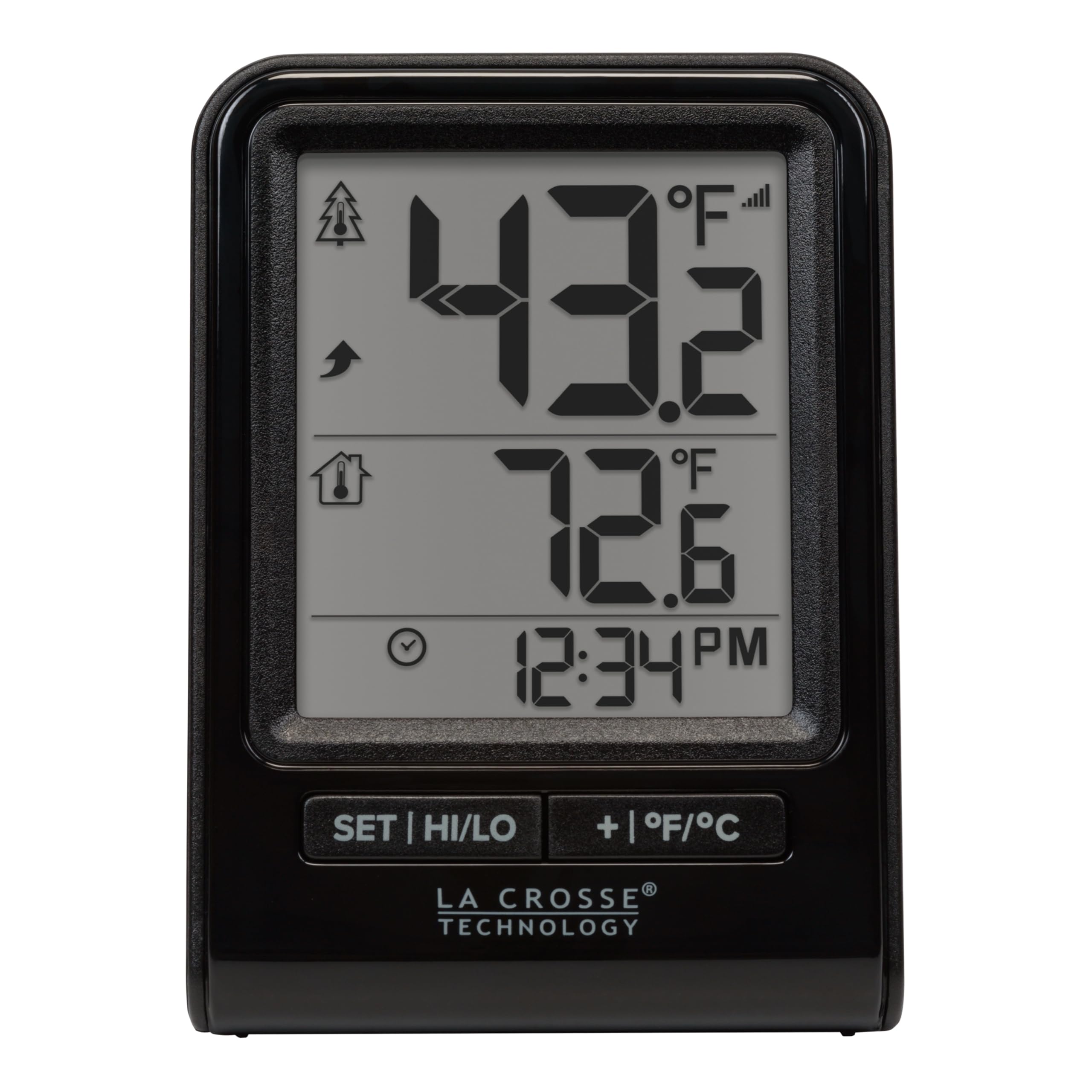 La Crosse thermometer illustrates indoor and outdoor readings for quick checks