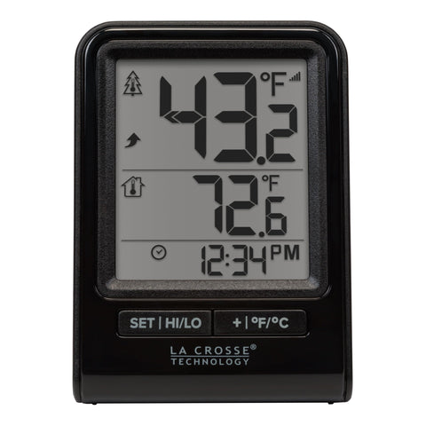 La Crosse thermometer illustrates indoor and outdoor readings for quick checks