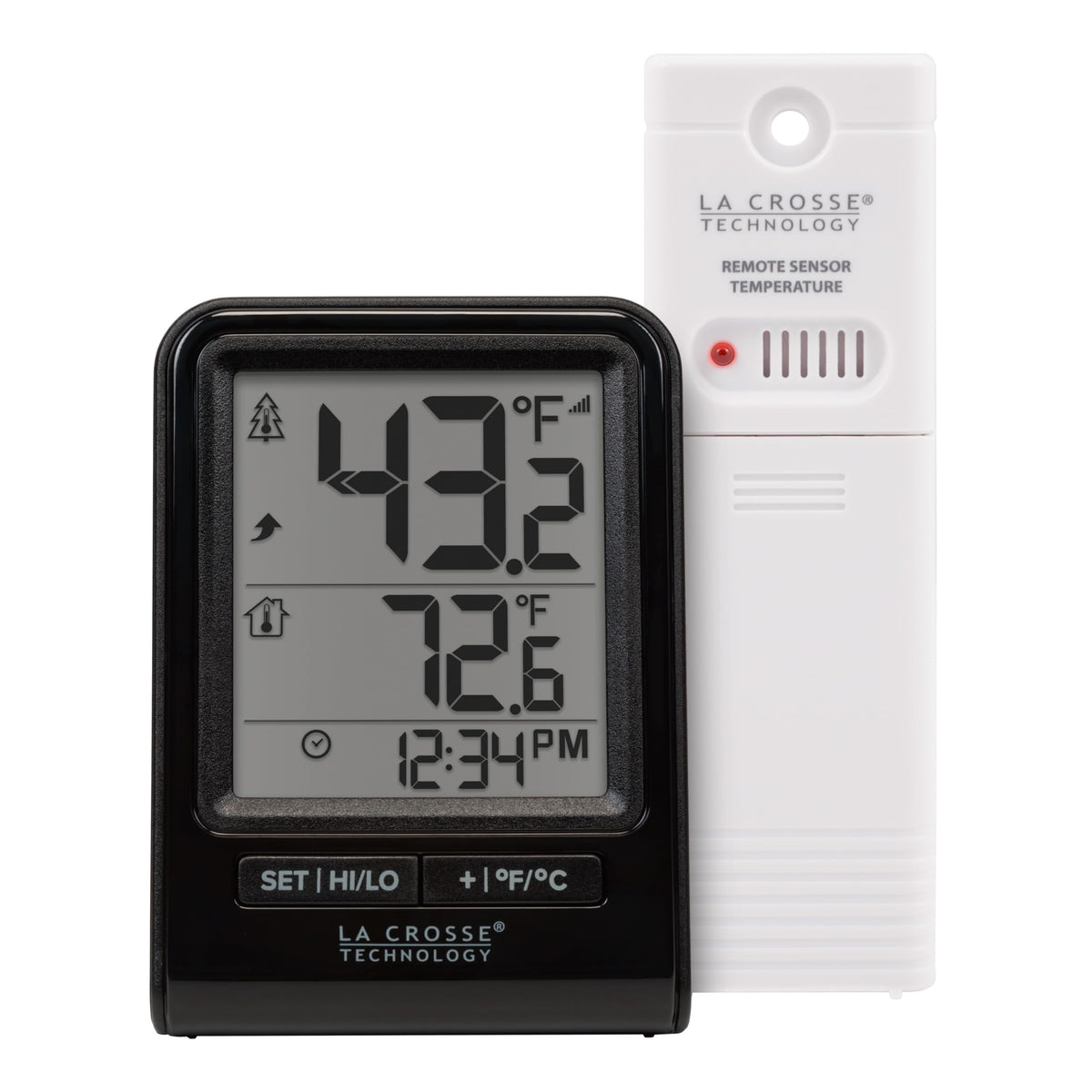 La Crosse Technology 308-1409BNH-CBP thermometer display shows indoor and outdoor temps at a glance