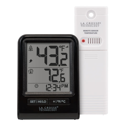 La Crosse Technology 308-1409BNH-CBP thermometer display shows indoor and outdoor temps at a glance