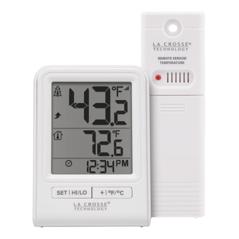 La Crosse Technology 308-1409WNH-CBP thermometer display shows indoor and outdoor temps for quick monitoring.