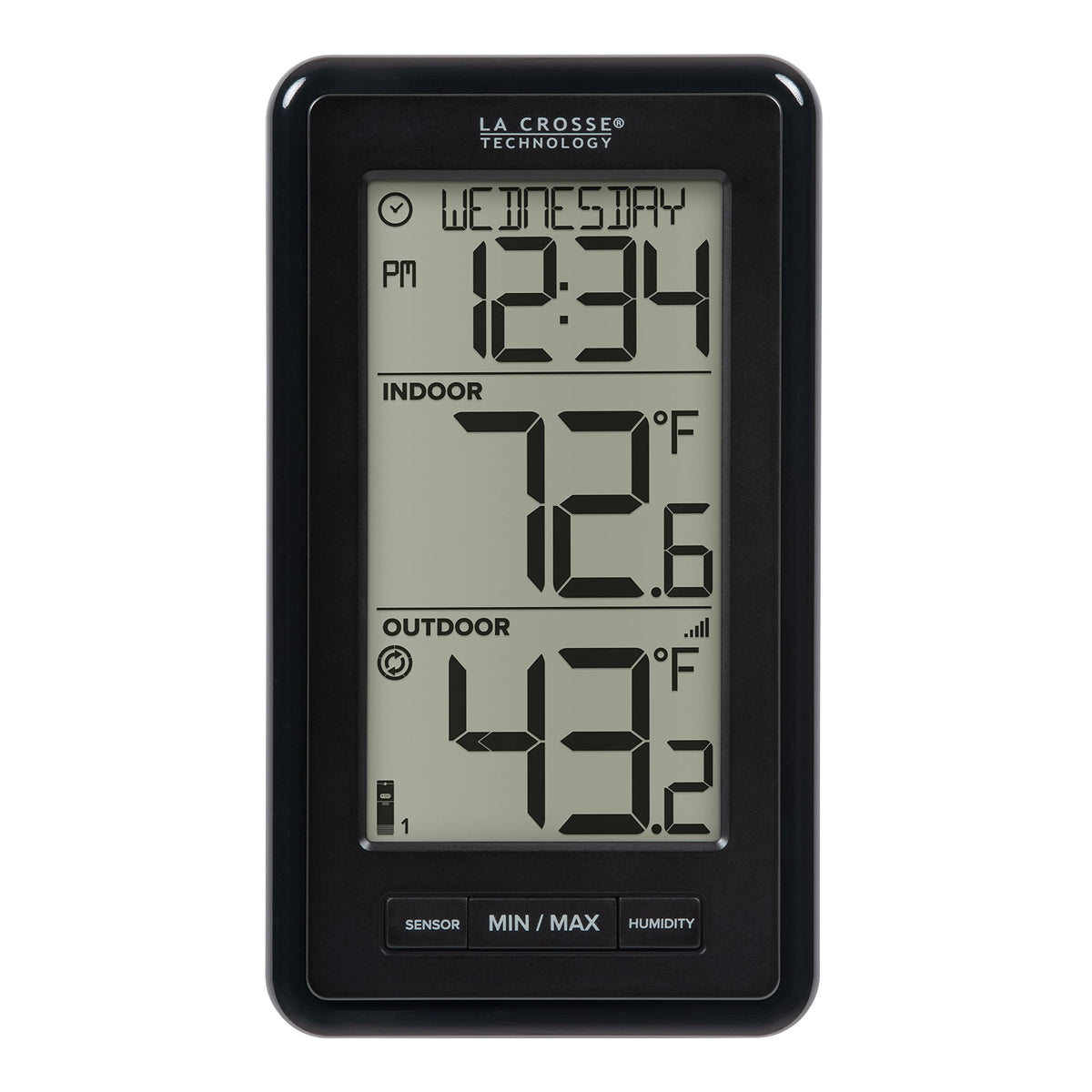 La Crosse Technology 308-43647-INT display shows indoor and outdoor temps for quick climate checks