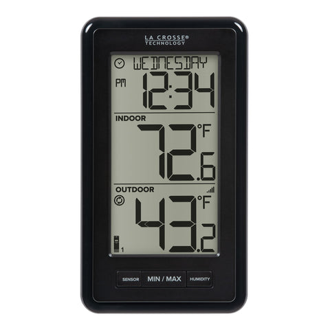 La Crosse Technology 308-43647-INT display shows indoor and outdoor temps for quick climate checks