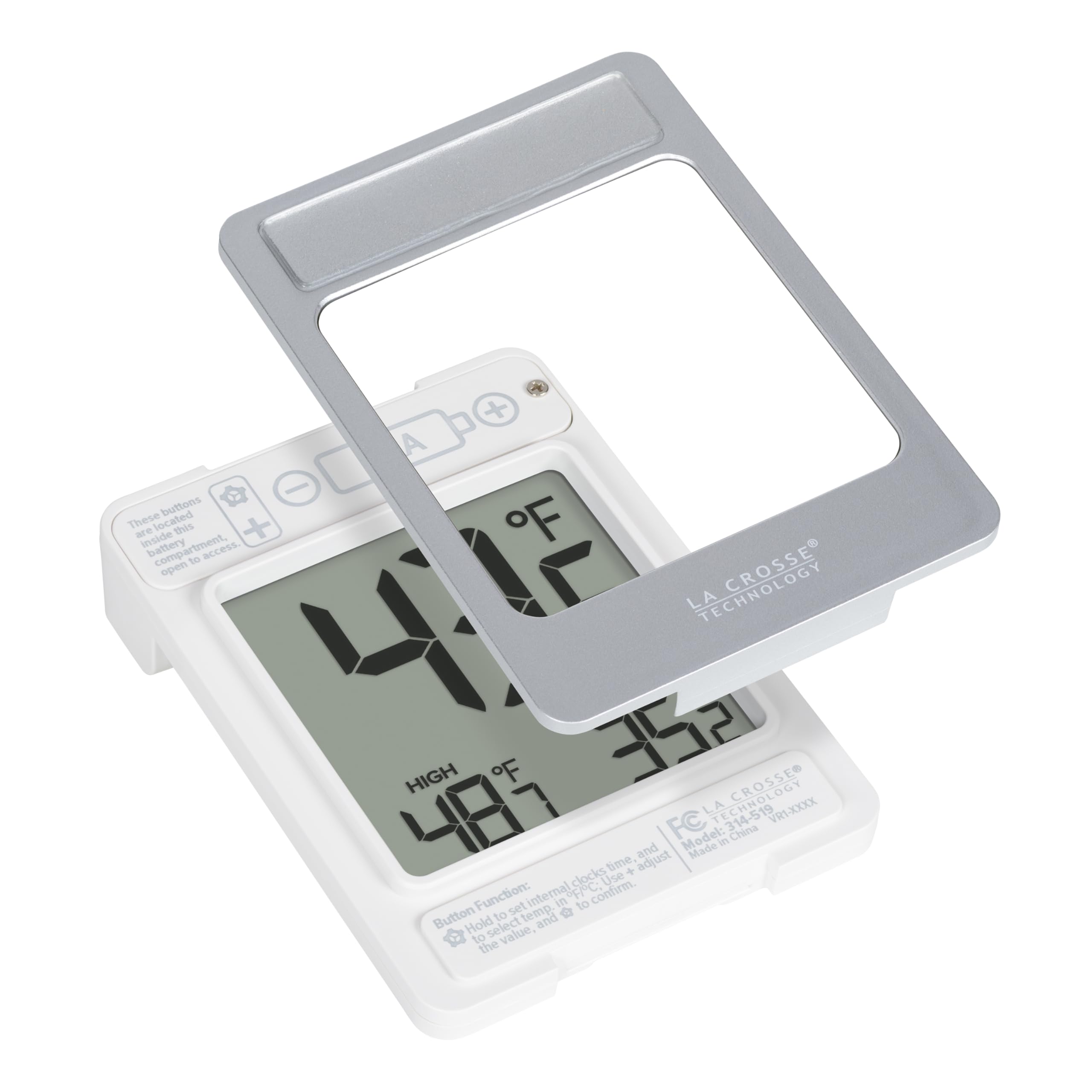 La Crosse 314-519 thermometer mounted on a window pane for easy outdoor data.
