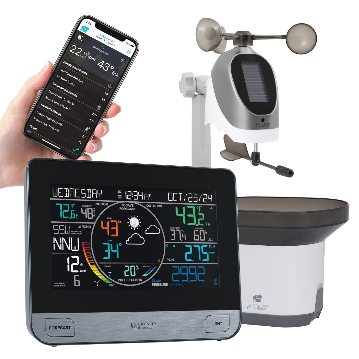 La Crosse Technology 328-69357-INT weather station front view, real-time backyard data at a glance.