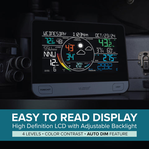 La Crosse illuminated color display, adjustable brightness for day and night use.