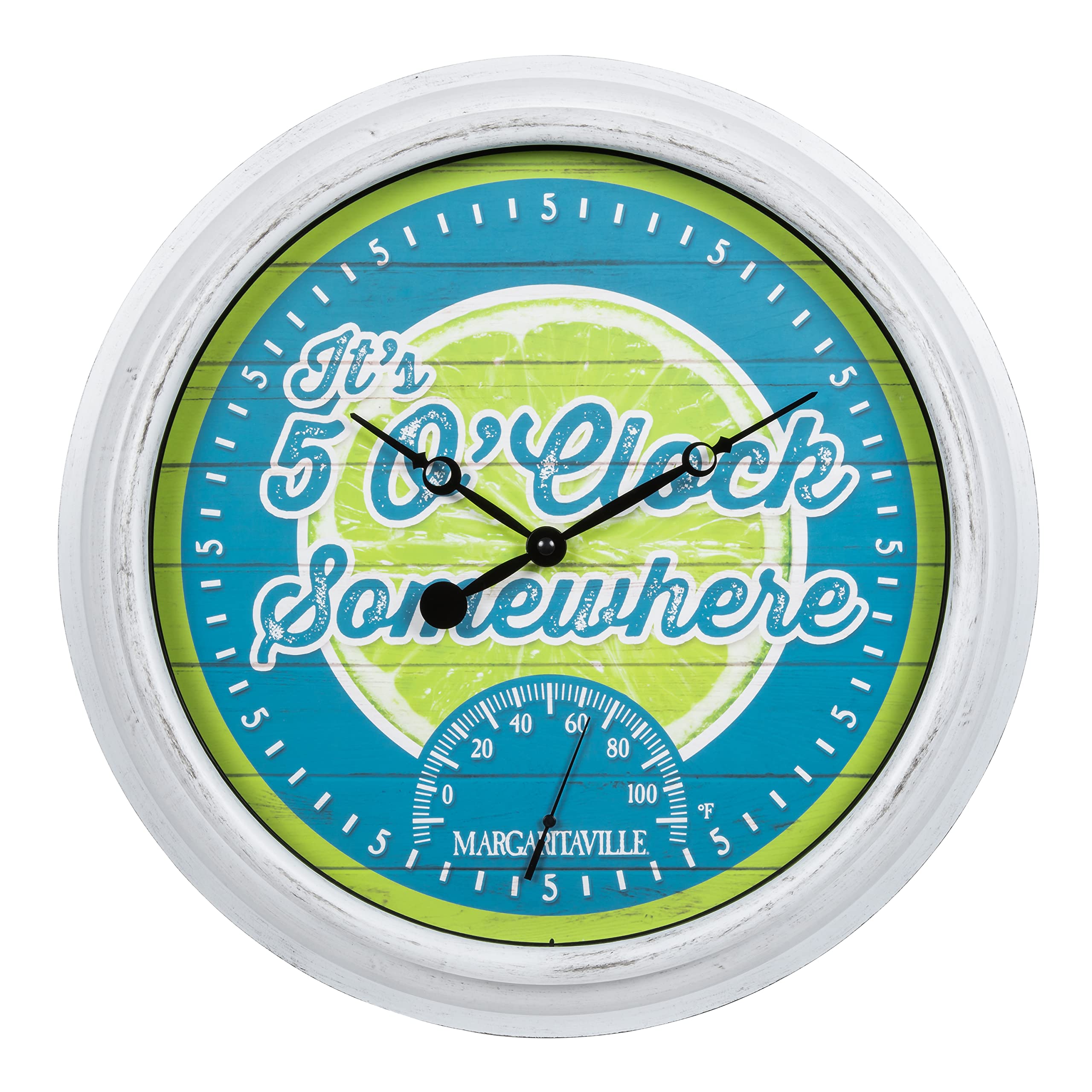 La Crosse Margaritaville clock dial with tropical colors for outdoor decor.