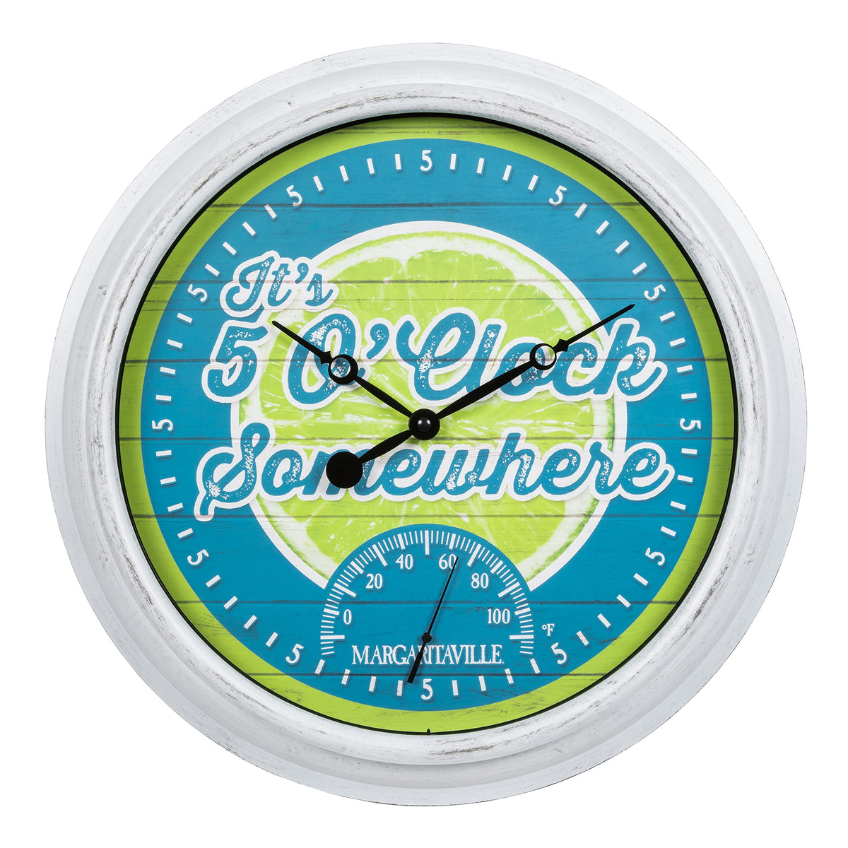 La Crosse Margaritaville clock dial with tropical colors for outdoor decor.