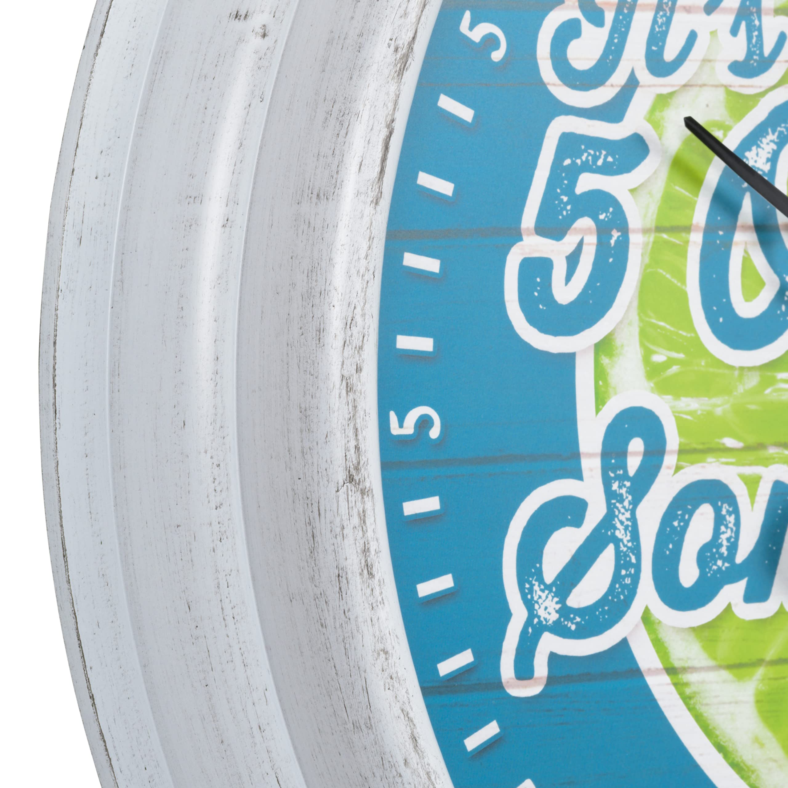 La Crosse Margaritaville clock outdoor frame resists sun and rain.