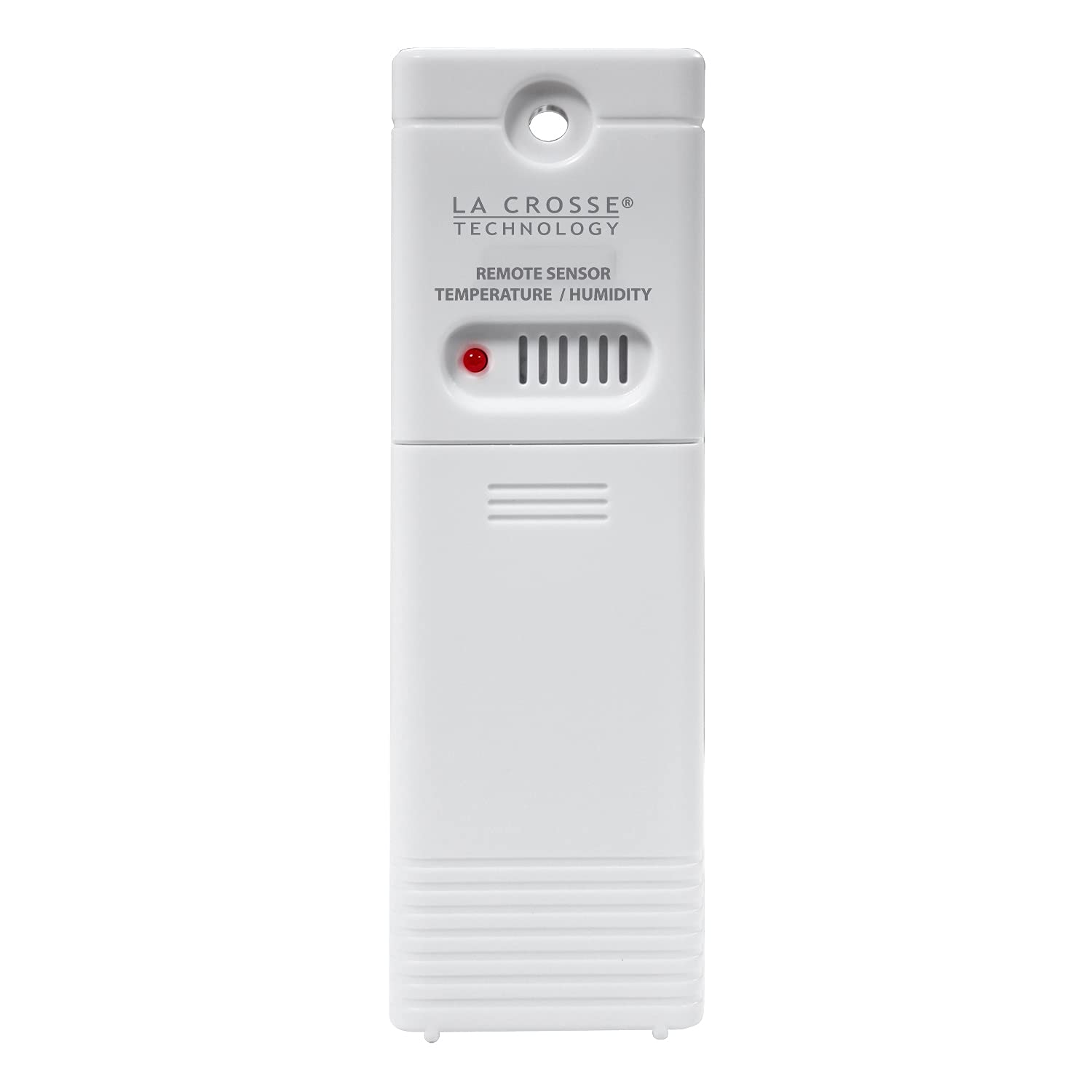 La Crosse Technology outdoor temperature and humidity sensor mounted on a wall.