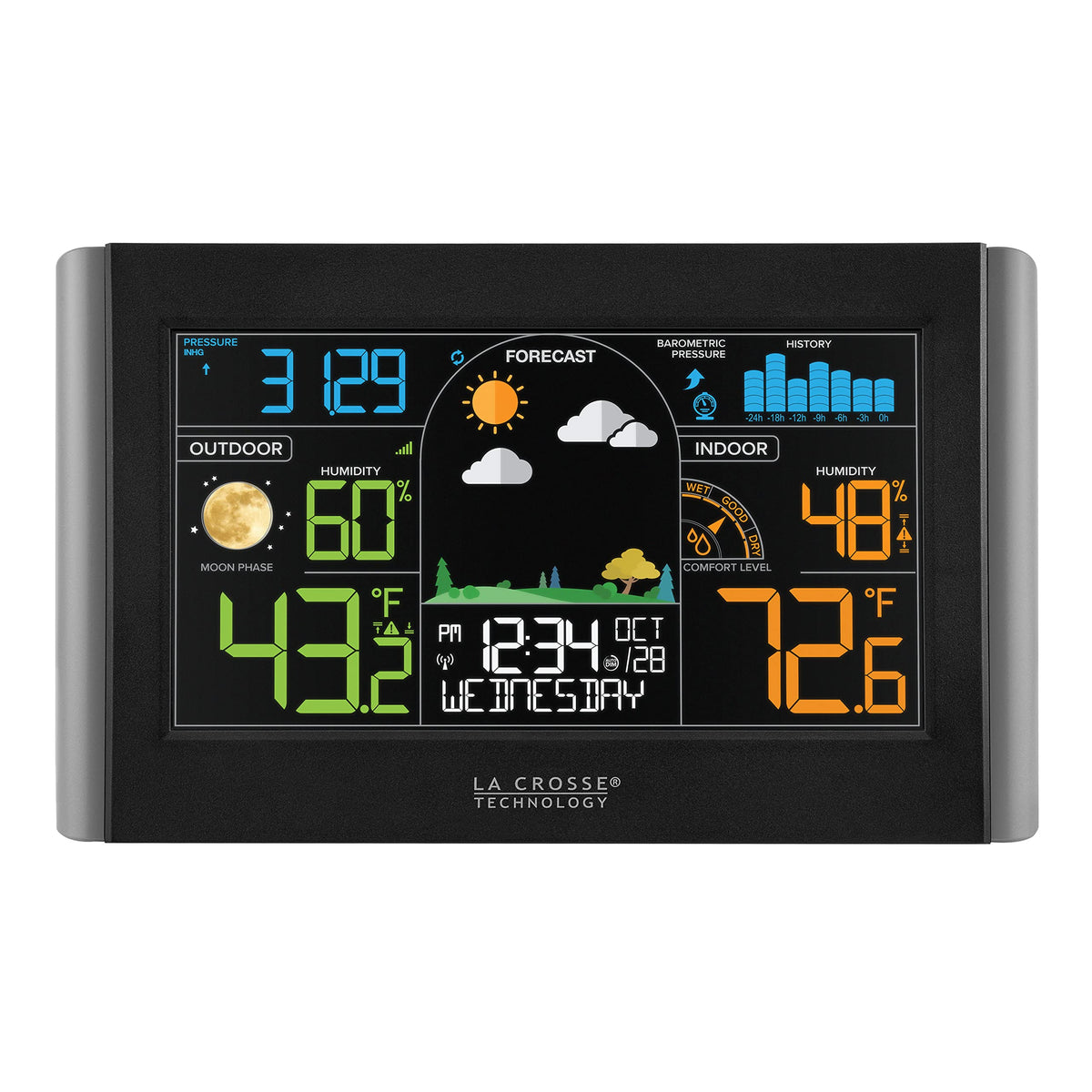 La Crosse S77925-INT color display showing forecast with seasonal colors for quick planning.