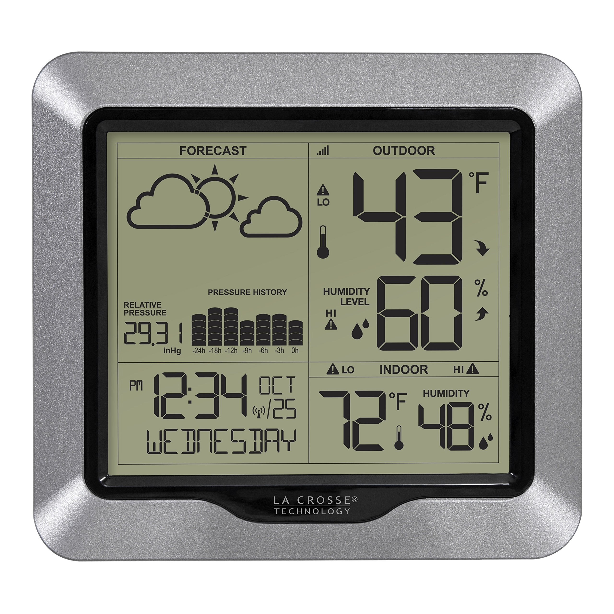 La Crosse Technology weather station front display with clear trend icons.