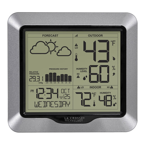 La Crosse Technology weather station front display with clear trend icons.