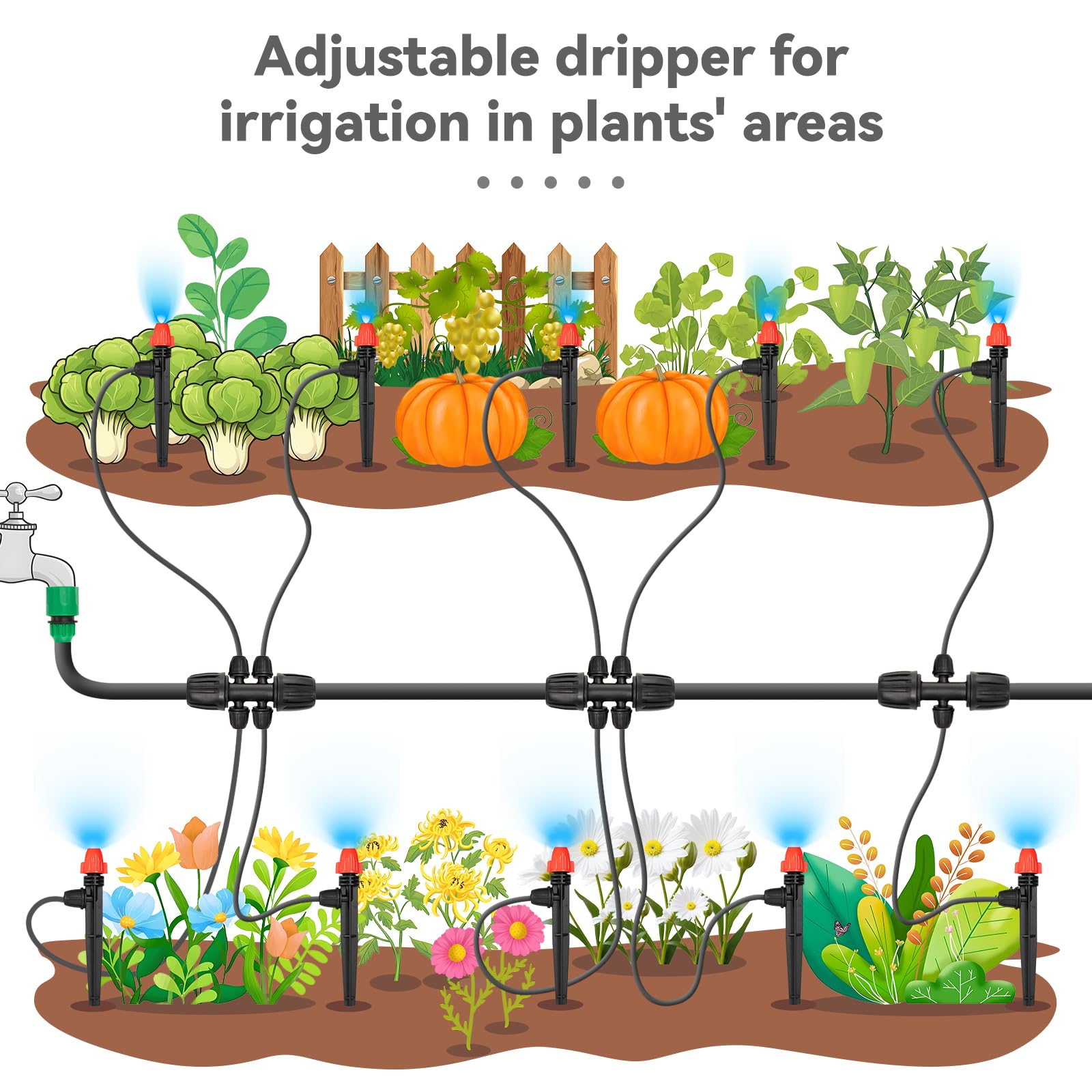 La Farah garden irrigation system setup with emitters in place