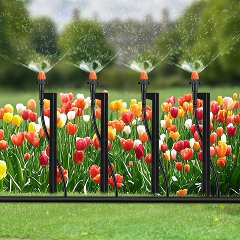 La Farah stake-mounted sprinkler design saves space in tight gardens.