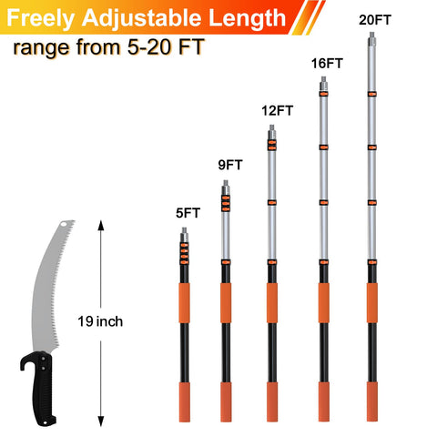 LAANPOLE pole saw features sharp carbon-steel blade for efficient pruning.