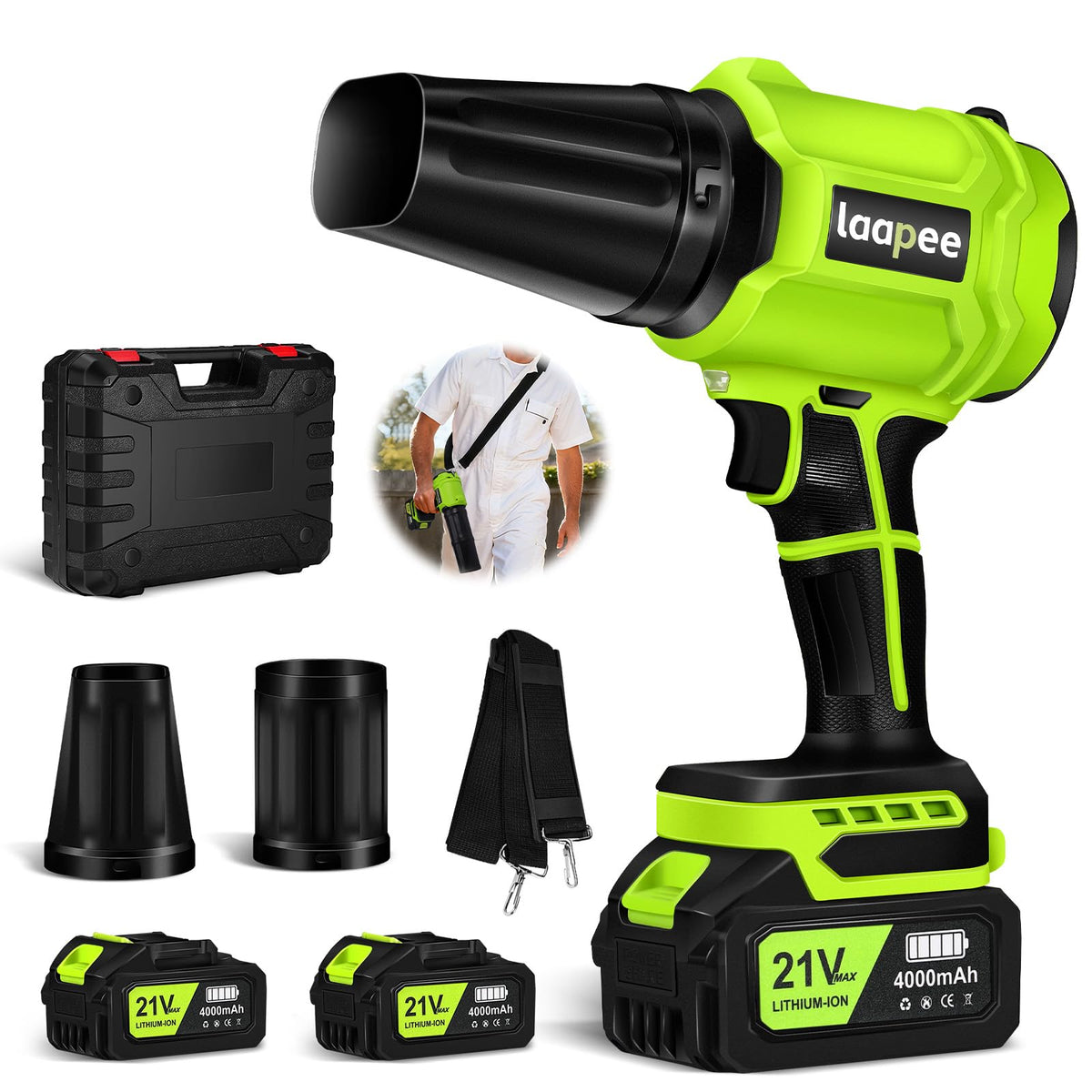Laapee cordless leaf blower with turbine motor for strong, efficient outdoor cleanup.